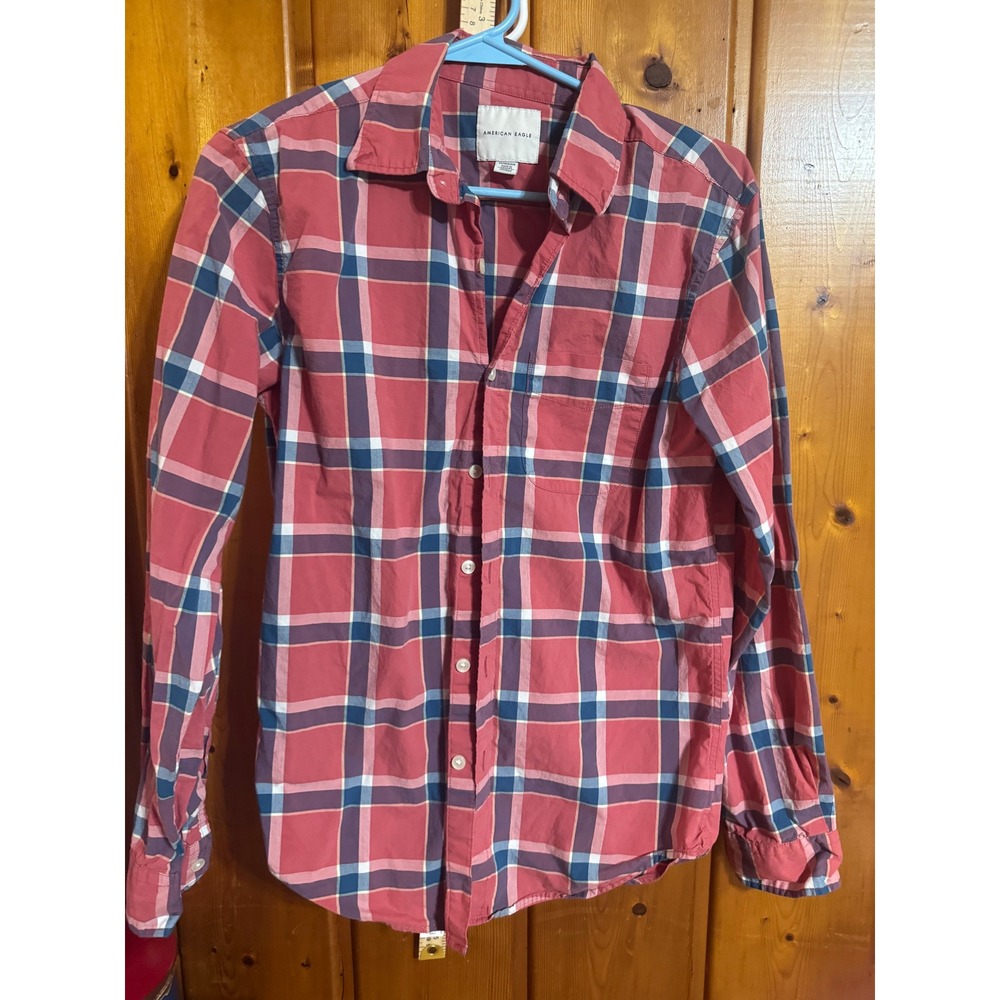 American Eagle Mens XS Plaid Button Down Shirt Red Blue White Long Sleeve Pocket